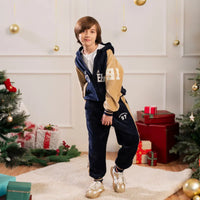 Boys Navy Blue Typographic Printed Hooded Zipper Jacket With Jogger Sets Sets