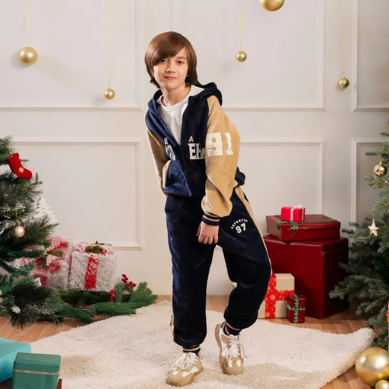 Boys Navy Blue Typographic Printed Hooded Zipper Jacket With Jogger Sets Sets