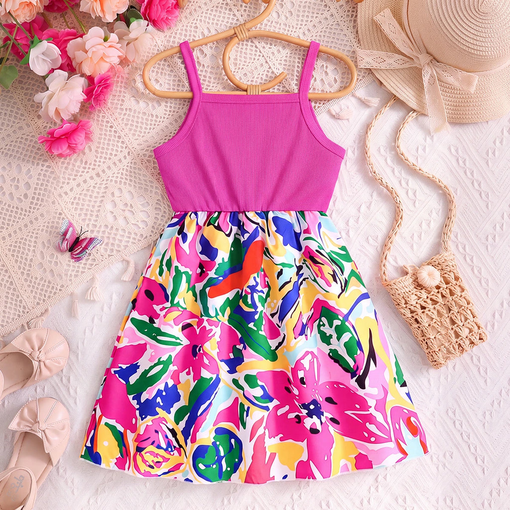 Girls Pink Floral Print Sleeveless Fit & Flare Dress Casual Dresses
