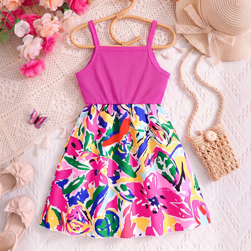 Girls Pink Floral Print Sleeveless Fit & Flare Dress Casual Dresses