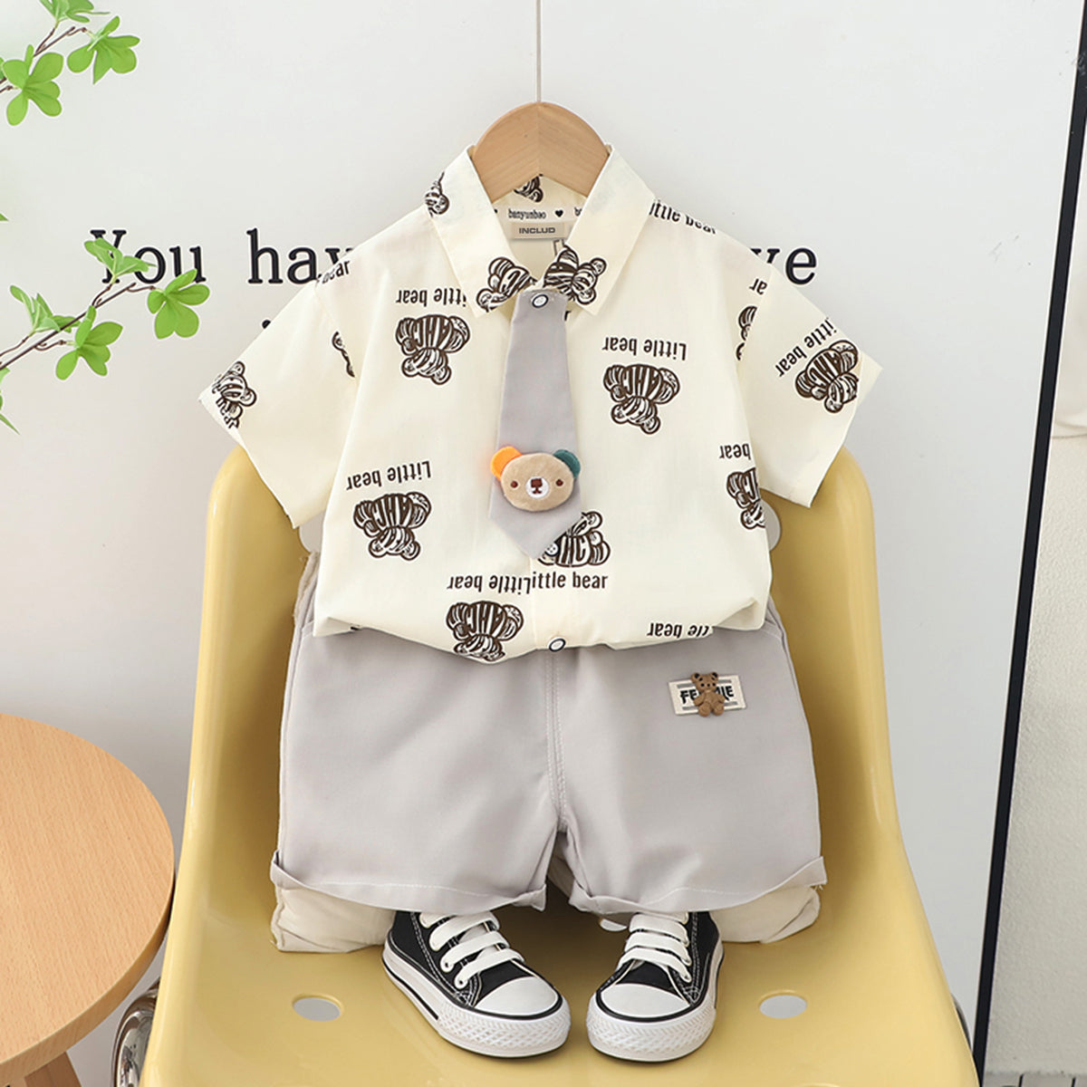 Boys Grey Bear Printed Short Sleeve Shirt With Elasticated Shorts Set Sets Grey 1-2 Y