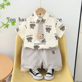 Boys Grey Bear Printed Short Sleeve Shirt With Elasticated Shorts Set