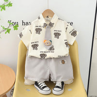 Boys Grey Bear Printed Short Sleeve Shirt With Elasticated Shorts Set Sets Grey 1-2 Y