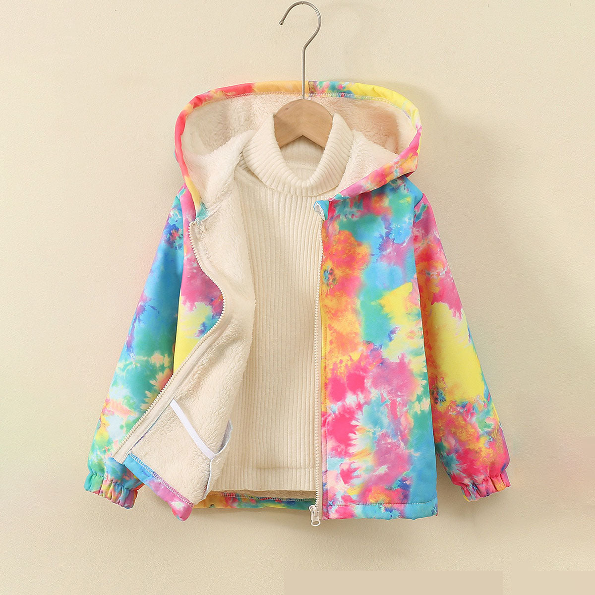 Girls Multicolor Tie -Dye Printed Front Zipper Hooded Winter Jacket Coats & Jackets