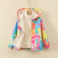 Girls Multicolor Tie -Dye Printed Front Zipper Hooded Winter Jacket Coats & Jackets
