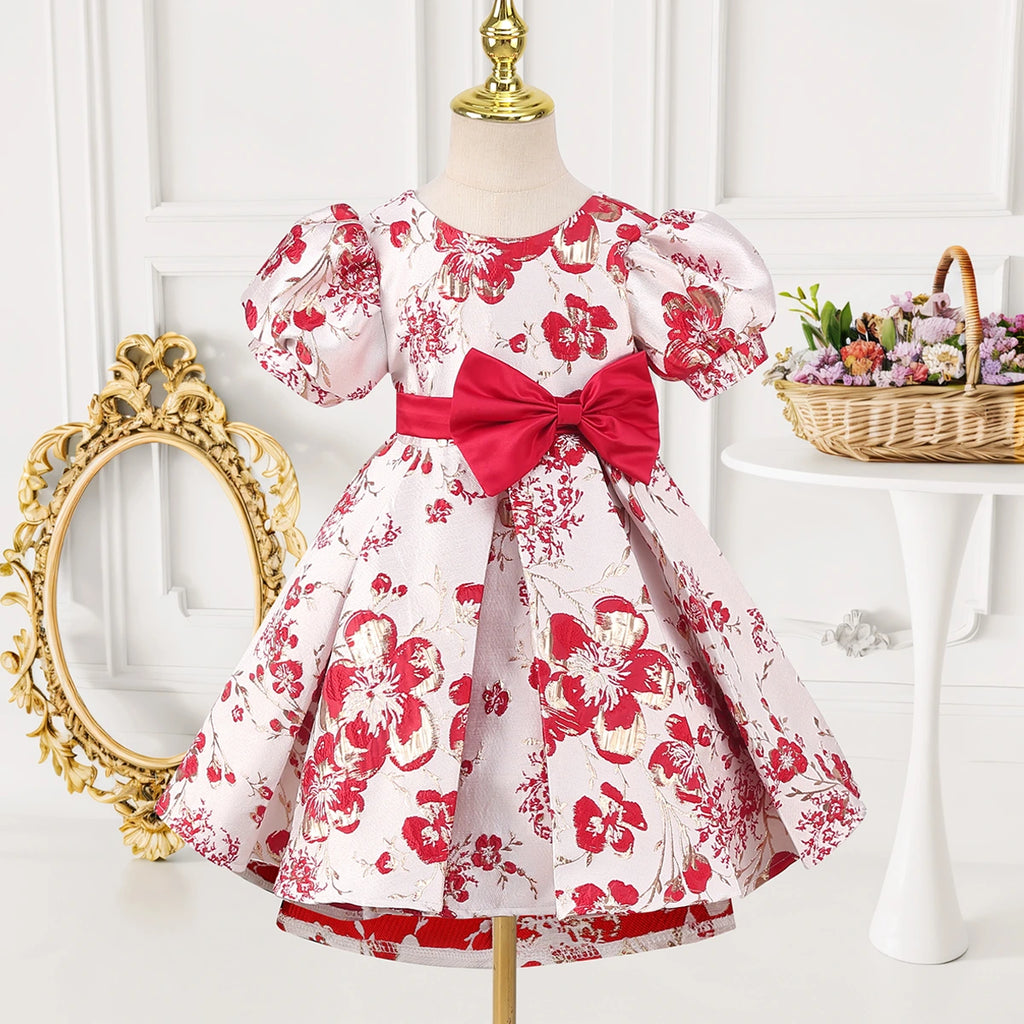 Girls Red Floral Print Puff Sleeves Fit & Flare Dress Party Dresses Red 2-3 Y