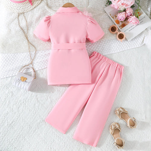 Girls Pink Puff Sleeve Top With Elasticated Pants Sets 2 pc. Sets
