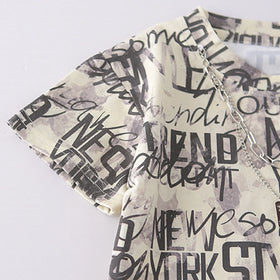 Boys Yellow Typographic Print T-Shirt With Denim Shorts Set Sets