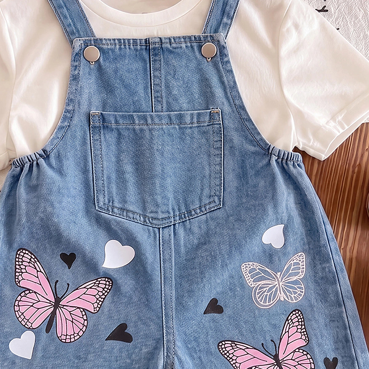 Girls Blue Butterfly Print Adjustable Strap Dungaree Jumpsuits