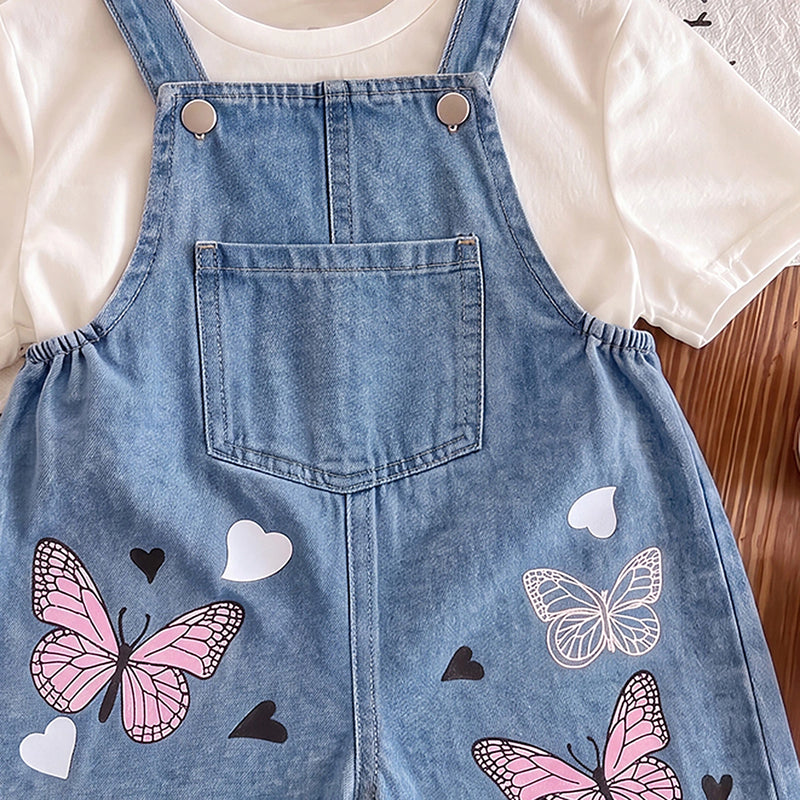Girls Blue Butterfly Print Adjustable Strap Dungaree Jumpsuits