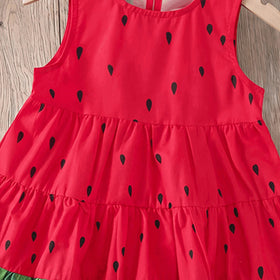Girls Red Watermelon Print Sleeveless Tiered Dress Casual Dresses