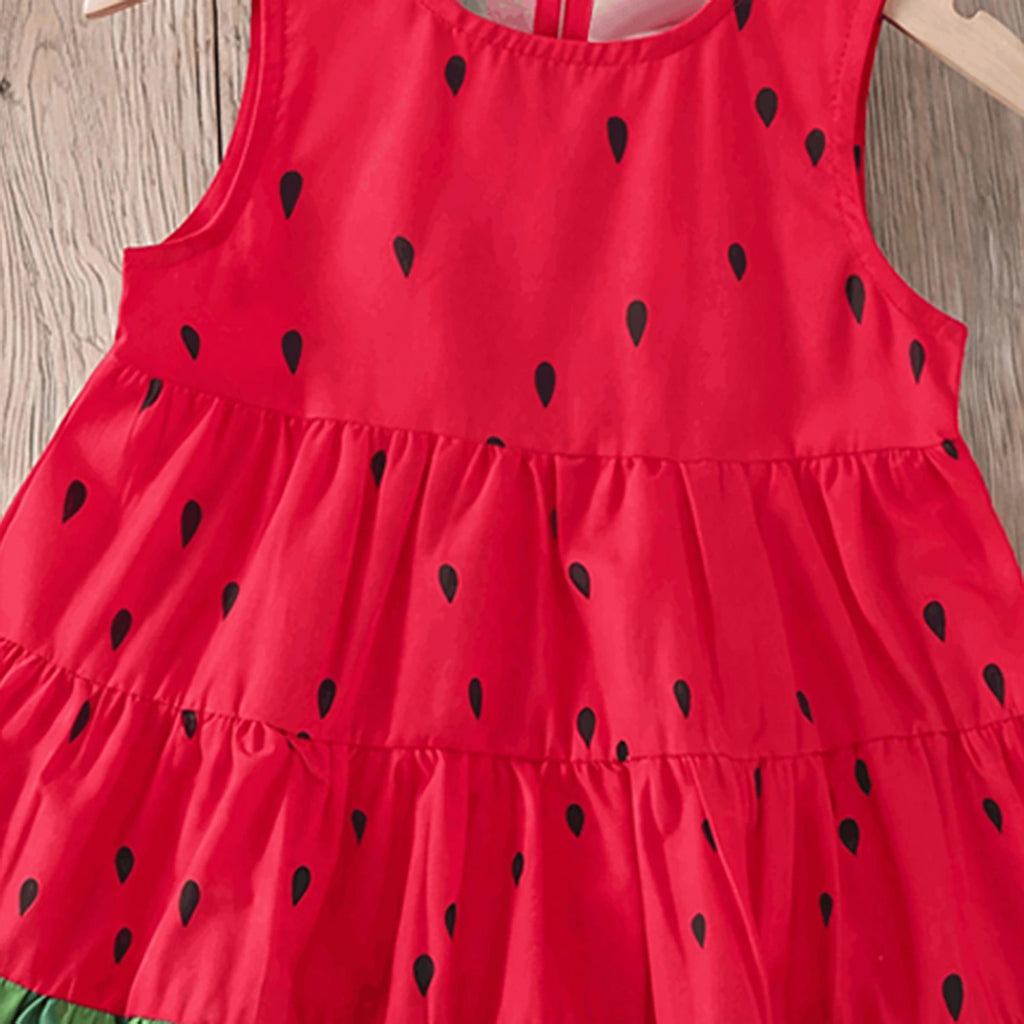 Girls Red Watermelon Print Sleeveless Tiered Dress Casual Dresses