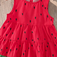 Girls Red Watermelon Print Sleeveless Tiered Dress Casual Dresses