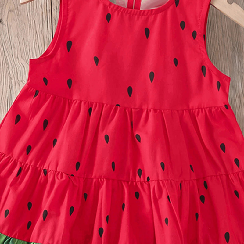 Girls Red Watermelon Print Sleeveless Tiered Dress Casual Dresses