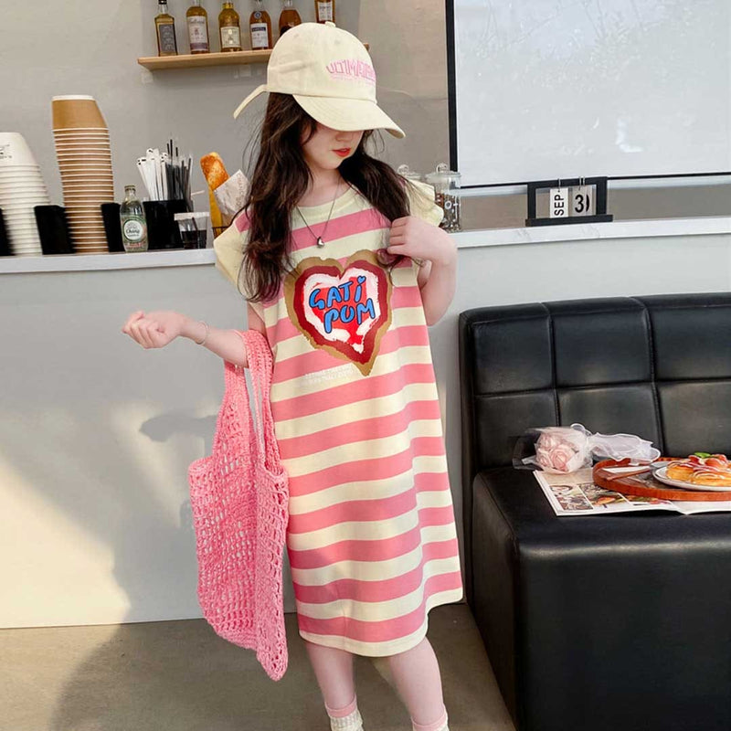 Girls Striped Heart Print Caps Sleeves A-Line Dress Casual Dresses   