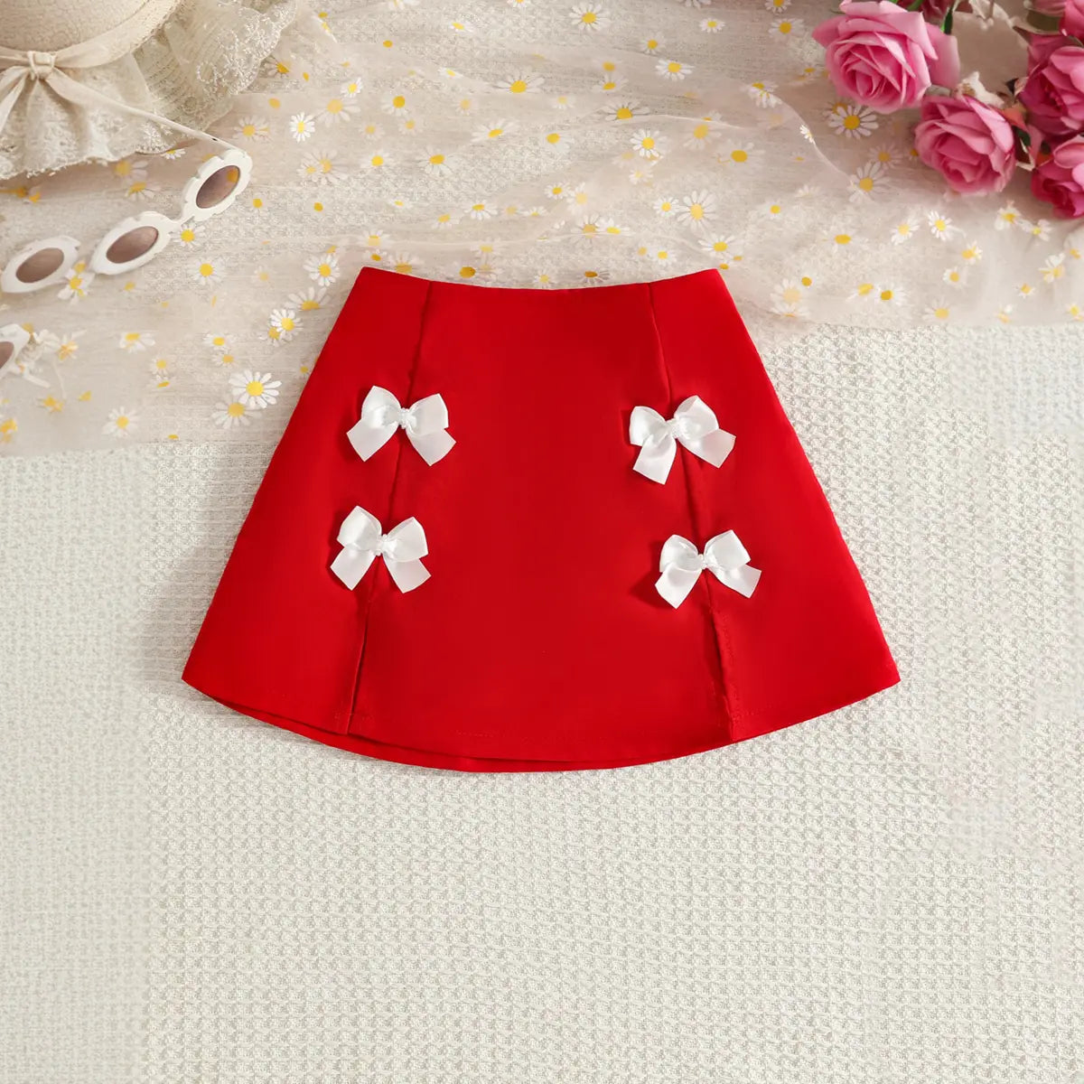 Girls Floral Applique Sleeveless Crop Top With Red Skirt Sets Sets