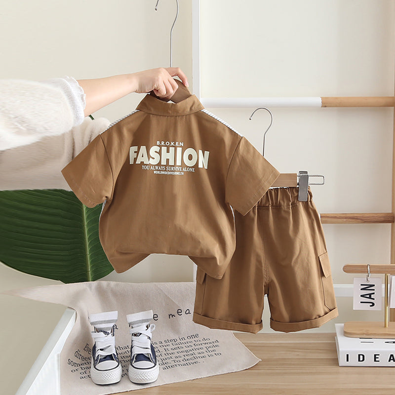 Boys Khaki Color-Blocked Shirt With T-Shirt And Cargo Shorts Set Sets