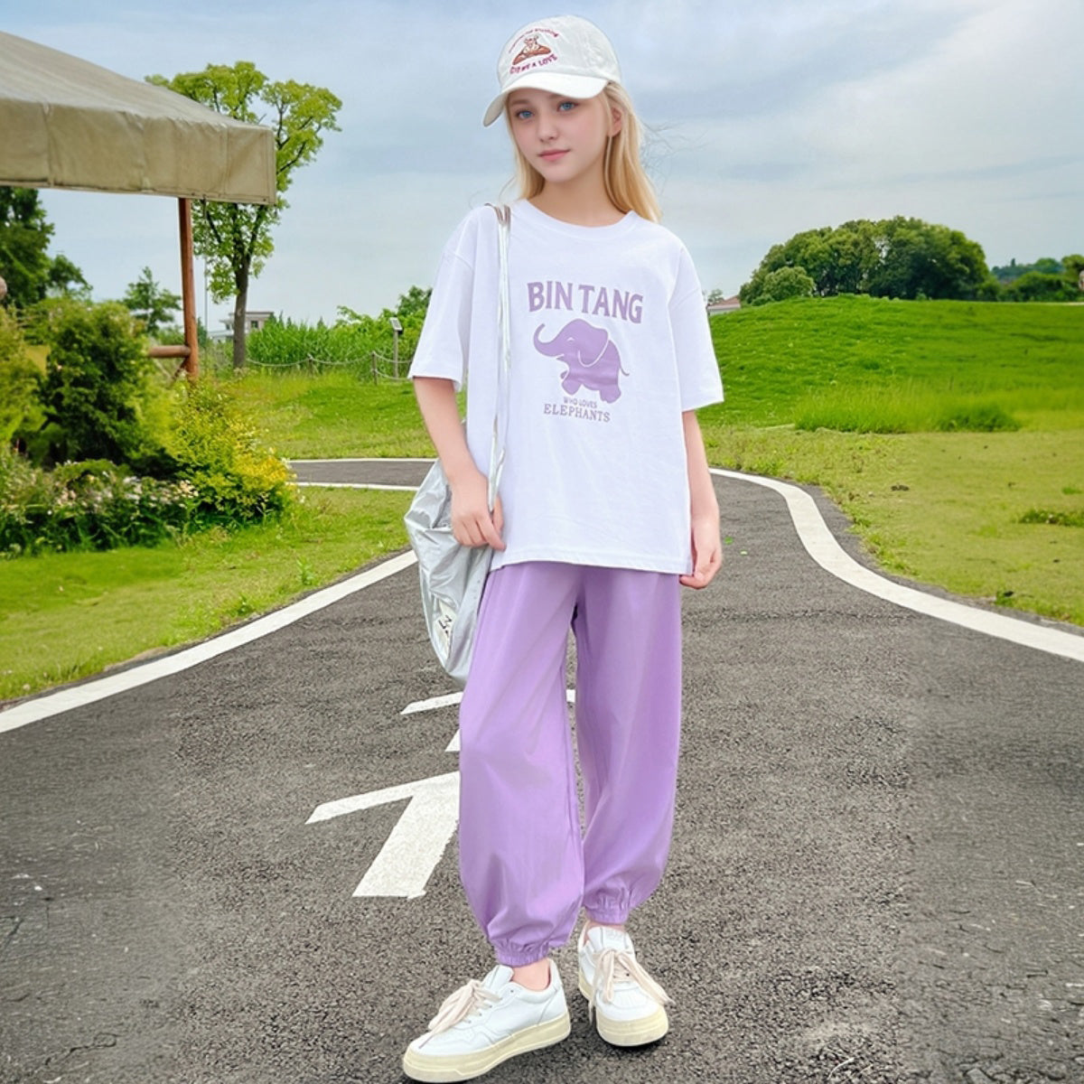 Girls Purple Elephant Printed Summer T-Shirt With Jogger Set 2 pc. Sets