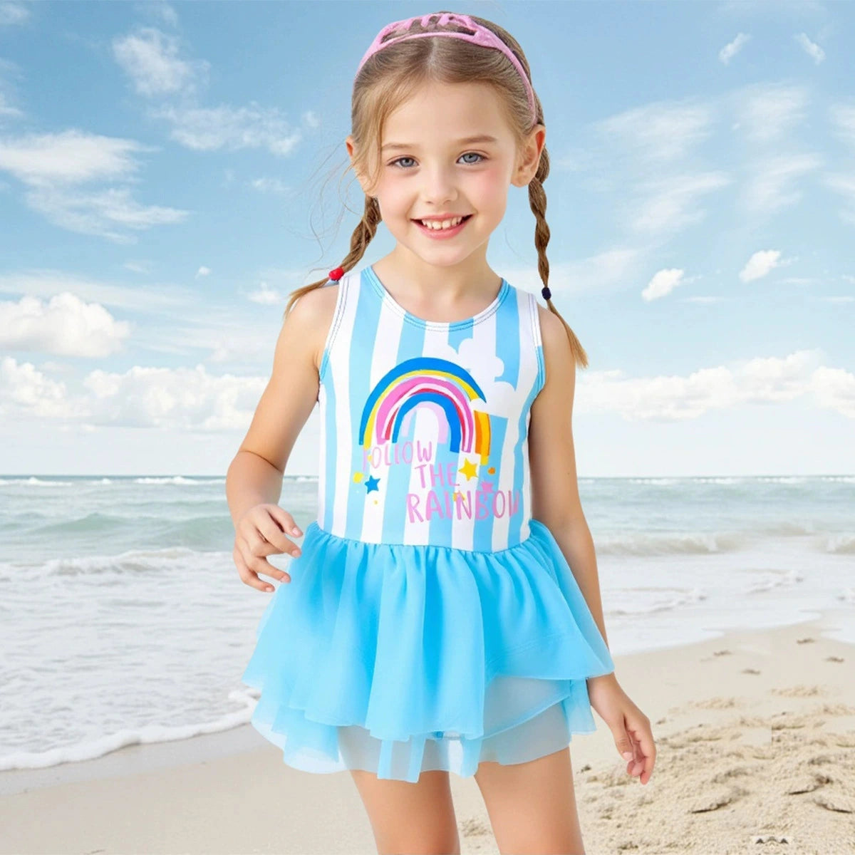 Girls Light Blue Typographic Print Tulle Overlay Swimwear Bodysuit Beachwear