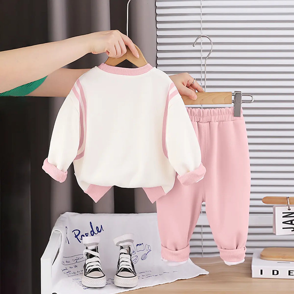 Girls Pink Graphics Printed Sweatshirt With Jogger Sets Sets