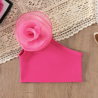 Girls Pink 3D Flower Applique Crop Top With Denim Skirts Set Sets