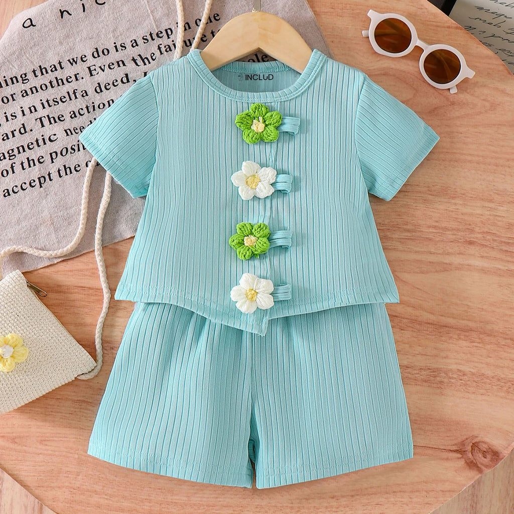 Girls Sea Green Floral Applique Short Sleeve Top With Shorts Sets 2 pc. Sets