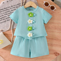 Girls Sea Green Floral Applique Short Sleeve Top With Shorts Sets 2 pc. Sets