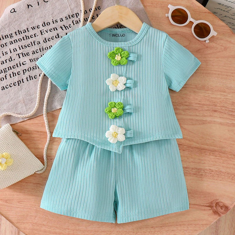 Girls Sea Green Floral Applique Short Sleeve Top With Shorts Sets 2 pc. Sets