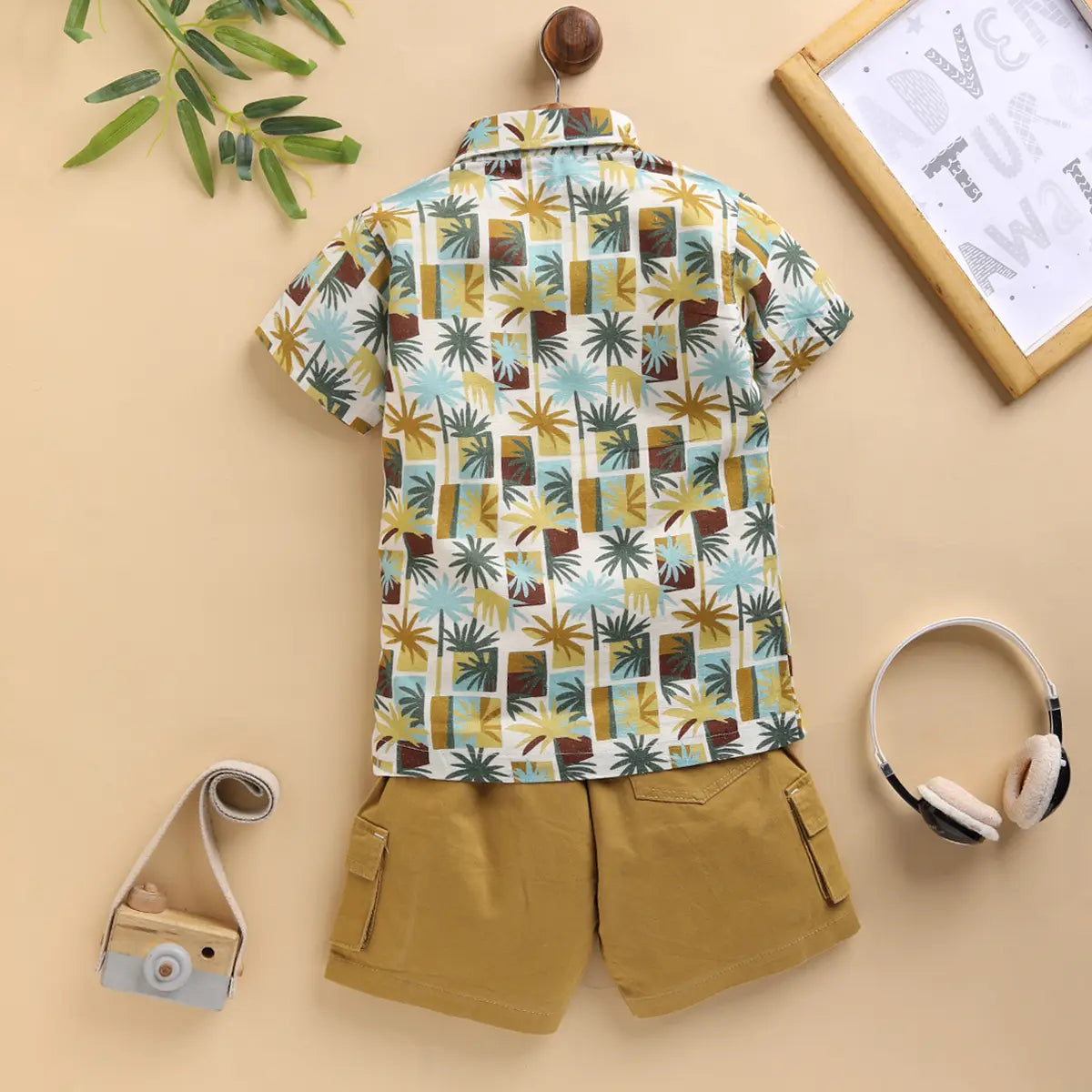 Boys Khaki Tropical Print Shirt With Printed T-Shirt And Twill Shorts Sets 3 pc. Sets
