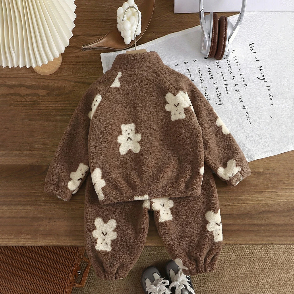 Girls Brown Fleece Teddy Bear Cartoon Printed Zip-up Jacket With Jogger Co-ord Sets Sets