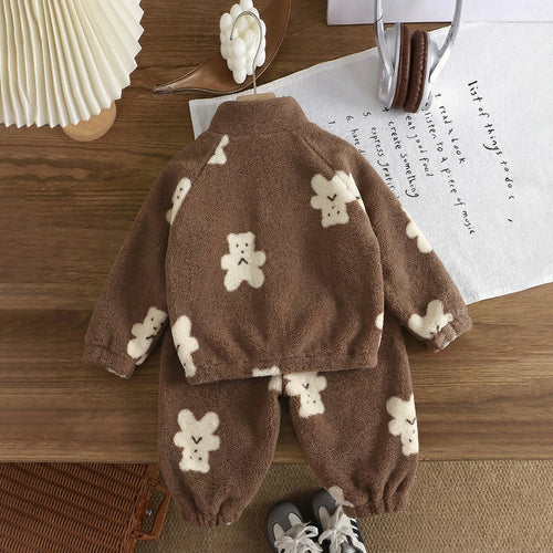 Girls Brown Fleece Teddy Bear Cartoon Printed Zip-up Jacket With Jogger Co-ord Sets Sets