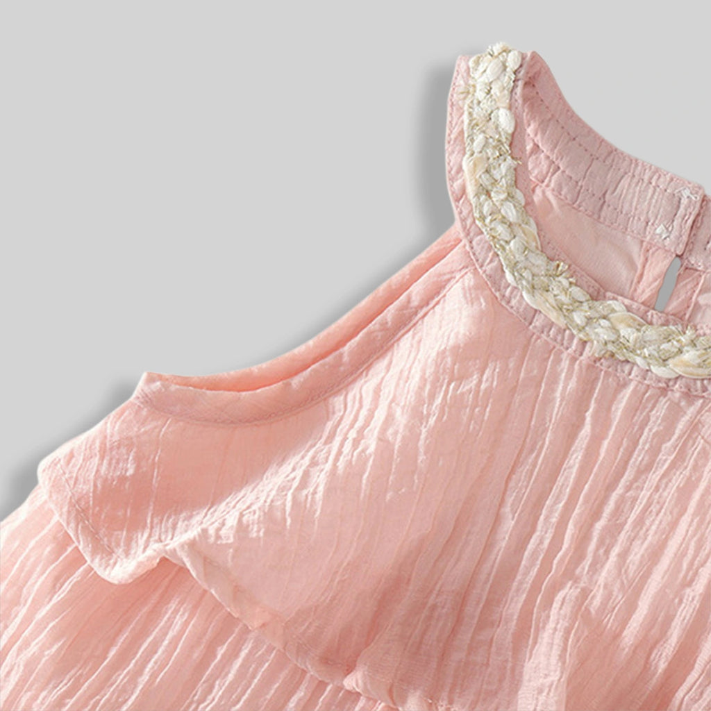 Girls Light Pink Sleeveless Layered Dress With Embellished Neckline Casual Dresses
