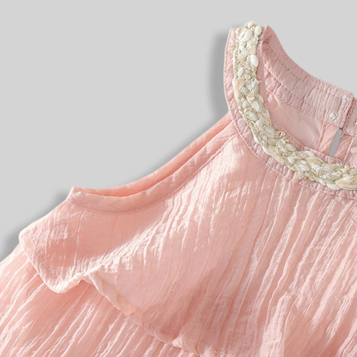 Girls Light Pink Sleeveless Layered Dress With Embellished Neckline Casual Dresses