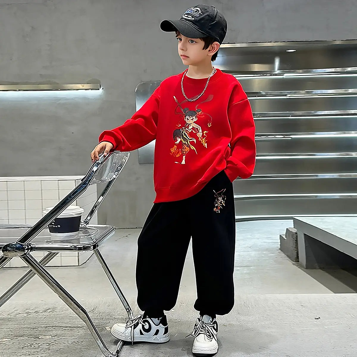 Boys Red Graphics Printed Oversized Sweatshirt With Jogger Co-ord Sets Sets