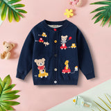 Boys Navy Blue Cardigan With Self-design Teddy Patterns