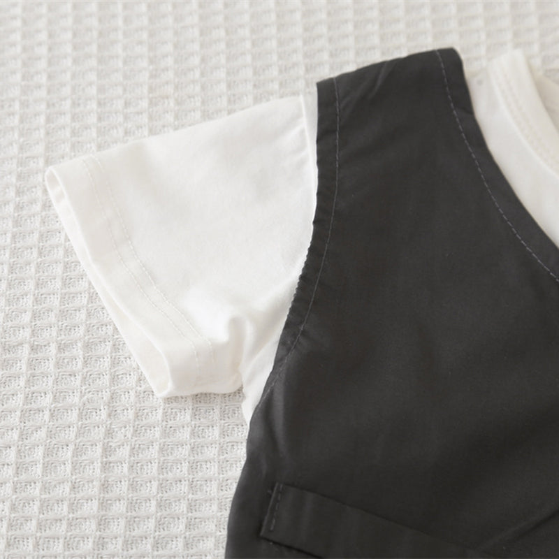 Boys Dark Grey Short Sleeves T-Shirt Attached Waistcoat With Shorts Set 2 pc. Sets