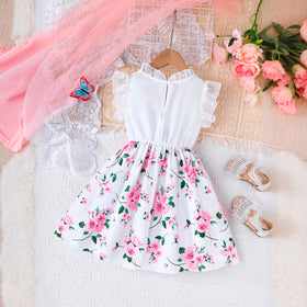 Girls White Floral Printed Fit & Flare Flutter Sleeve Dress Casual Dresses