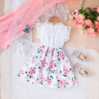 Girls White Floral Printed Fit & Flare Flutter Sleeve Dress Casual Dresses