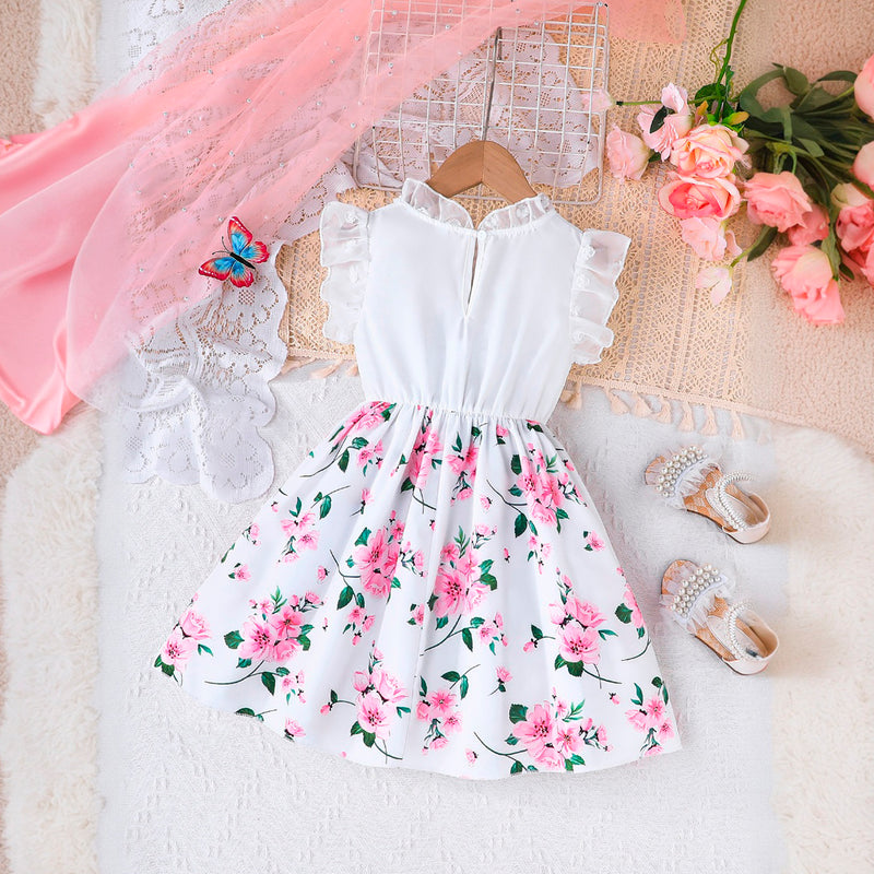 Girls White Floral Printed Fit & Flare Flutter Sleeve Dress Casual Dresses