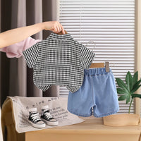 Boys Black Checked Short Sleeve Shirt With Denim Shorts Sets 2 pc. Sets