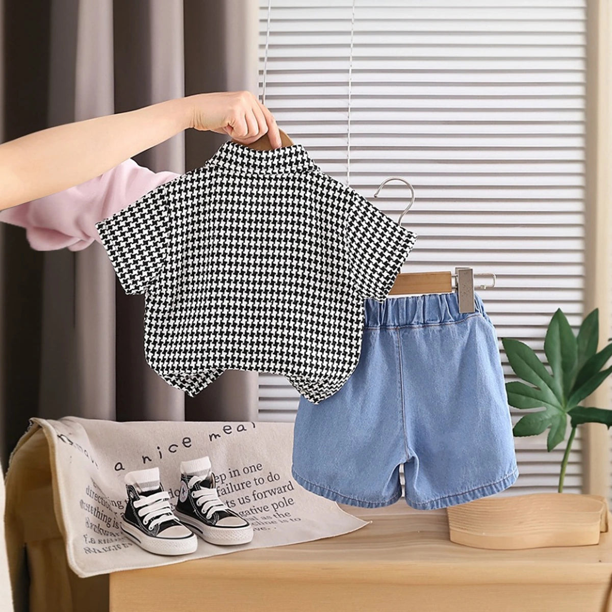 Boys Black Checked Short Sleeve Shirt With Denim Shorts Sets 2 pc. Sets