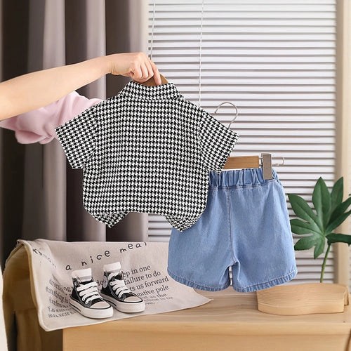 Boys Black Checked Short Sleeve Shirt With Denim Shorts Sets 2 pc. Sets