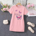 Girls Pink Butterfly Print Short Sleeve T-Shirt Dress Casual Dresses Pink 4-5 Y