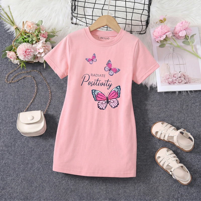 Girls Pink Butterfly Print Short Sleeve T-Shirt Dress Casual Dresses Pink 4-5 Y