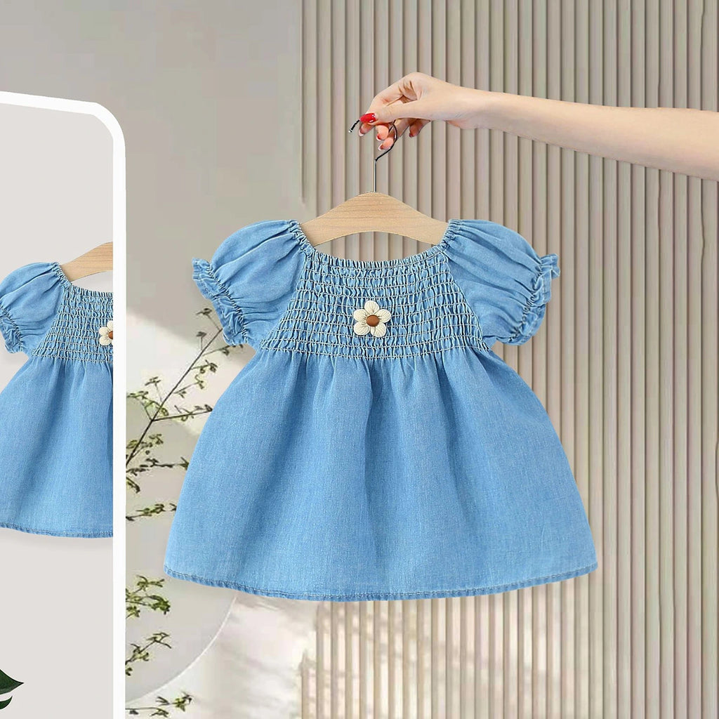 Girls Light Blue Denim Smocked Fit & Flare Casual Dress Casual Dresses Light Blue 1-2 Y