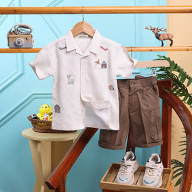 Boys Embroidered Short Sleeve Shirt With Brown Shorts Sets 2 pc. Sets Brown 6-12 M