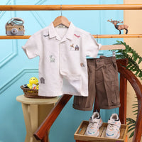Boys Embroidered Short Sleeve Shirt With Brown Shorts Sets 2 pc. Sets Brown 6-12 M