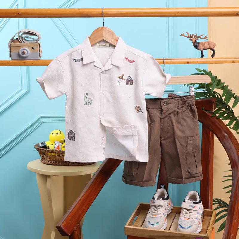 Boys Embroidered Short Sleeve Shirt With Brown Shorts Sets 2 pc. Sets Brown 6-12 M