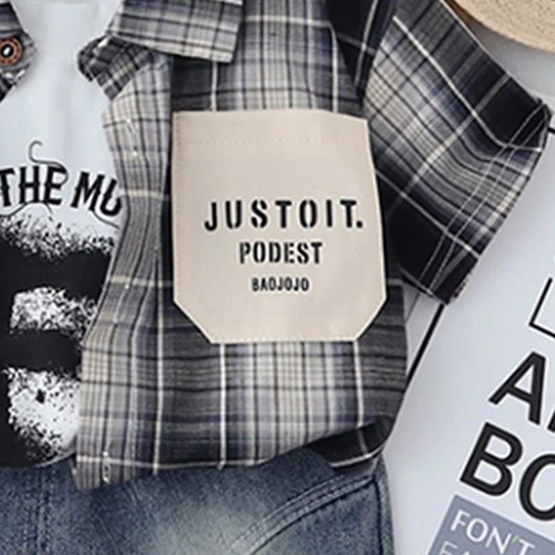 Boys Black Checked Shirt With Printed T-Shirt & Denim Shorts Set Sets