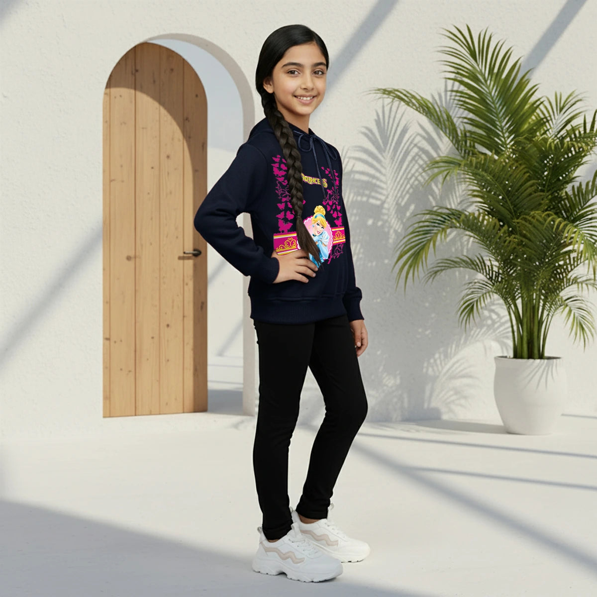 Girls Navy Blue Princess Graphics Hooded Sweatshirt Sweatshirts & Hoodies